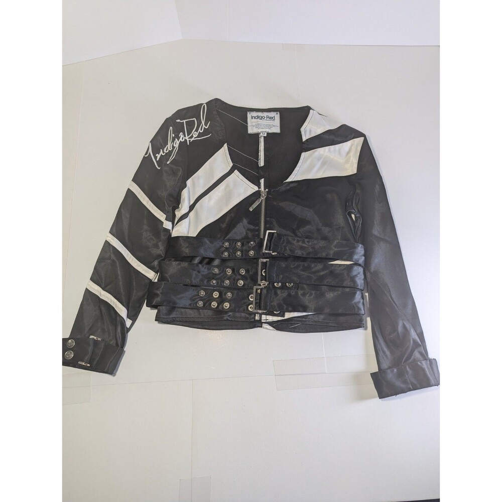 Indigo Red Black Satin Like Biker Cropped Jacket Grunge With Belt Buckles Size M
